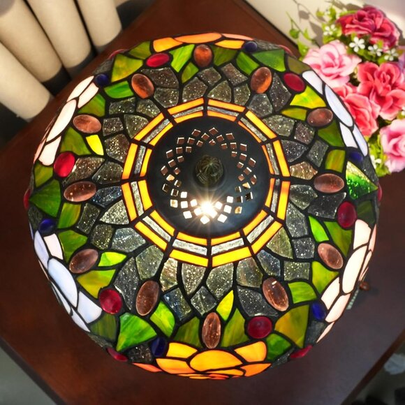 Tiffany Style Stained Glass Lamp Red Orange Purple Pink Rose Table Lamp 19" - Picture 5 of 8